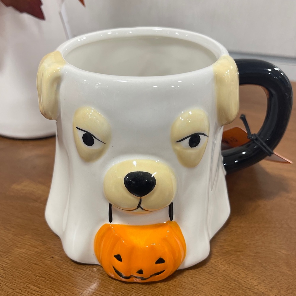 Halloween Ghost Dog Mug Trick or Treat Bag 🎃 Handpainted Ceramic Coffee Mug NWT